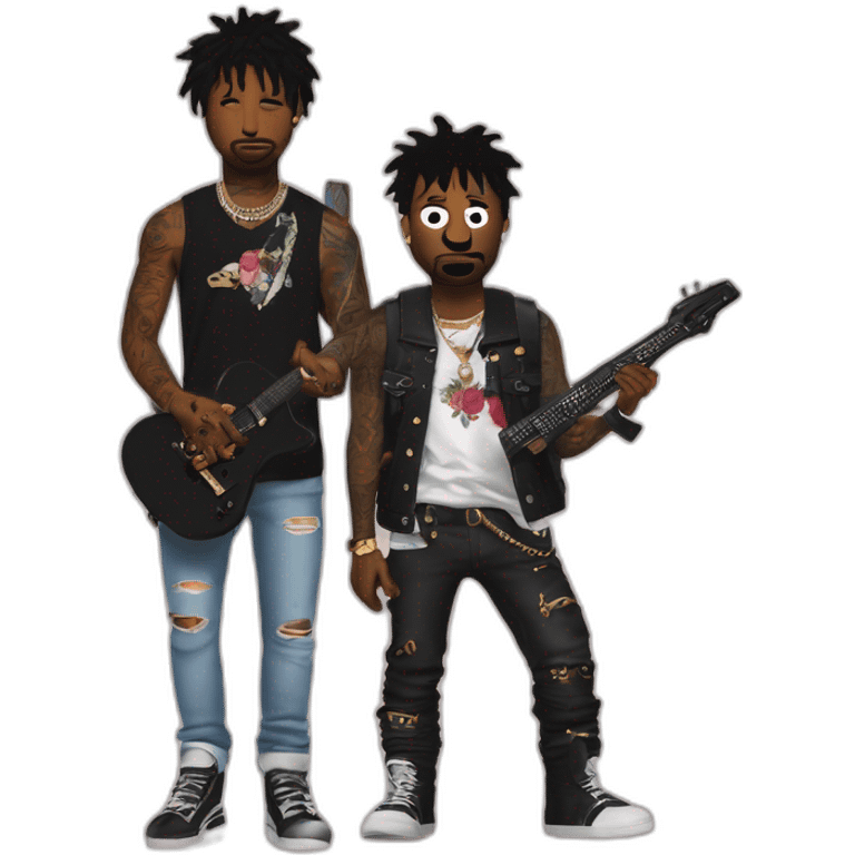 21 savage with him tattos and a gun in hand next to kurt cobain with guitar emoji