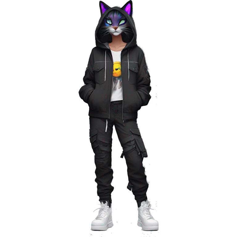 Edgy Anthro cool pretty colorful dark cat-fursona techwear cargo pants hoodie emoji