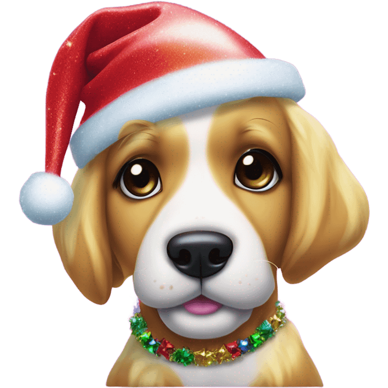 Lisa frank Christmas sparkle￼ dog with Santa hat emoji