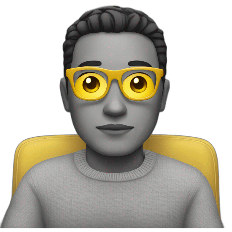 White man with yellow tinted glasses and black hair in a gray jumper and sitting on a chair emoji