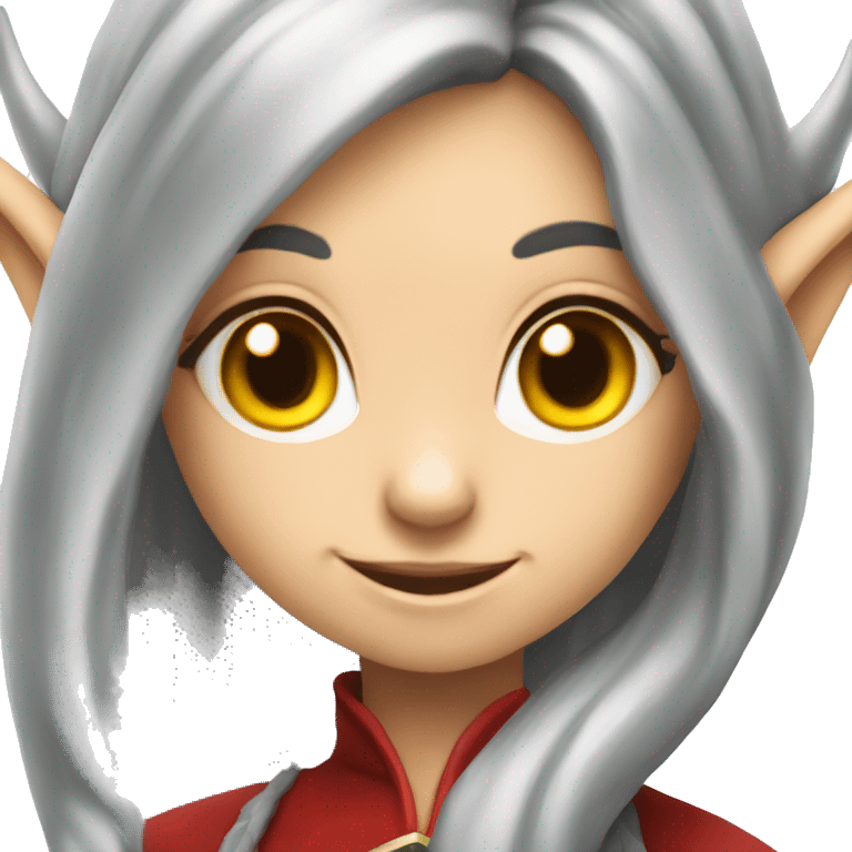 A young female elf with gray long hair, yellow eyes and red dragon horns and a sly smile emoji