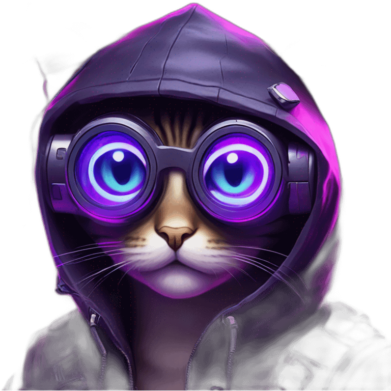 Russian cat wearing a black hoodie with "OMG" letters on it and VR headset in a cyberpunk VR environment with violet neon lighting. emoji