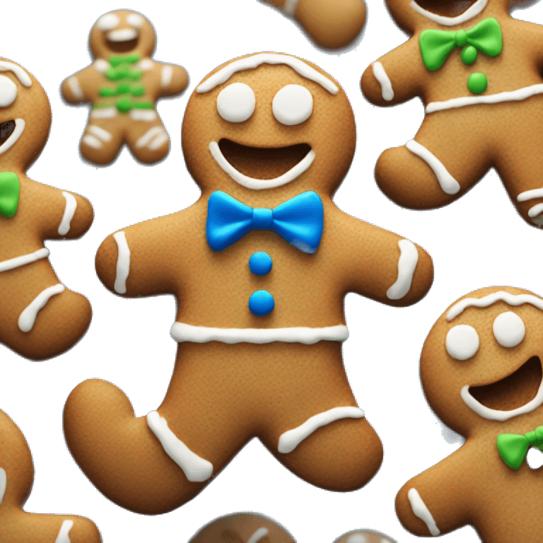 Realistic gingerbread man cookie with blue frosting and bowtie emoji