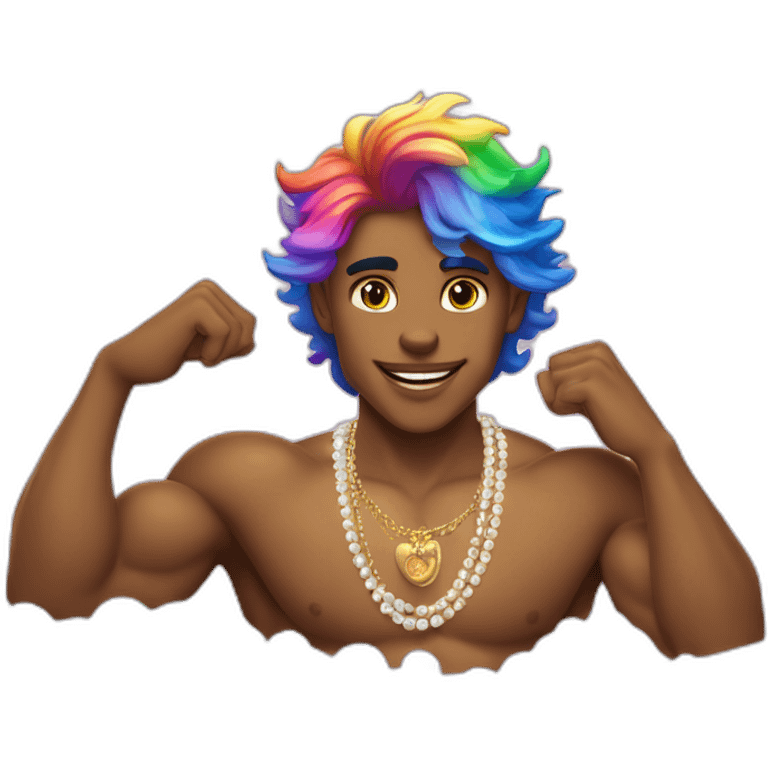 posh-muscle-boy-with-pearl-necklace-and-rainbow-unicorn-hair-in-golden-bathtub emoji