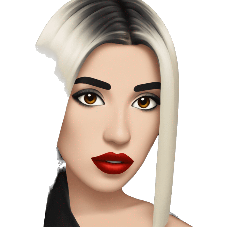 dua lipa with red lipstick, black straight medium long hair, heavy eyeliner emoji