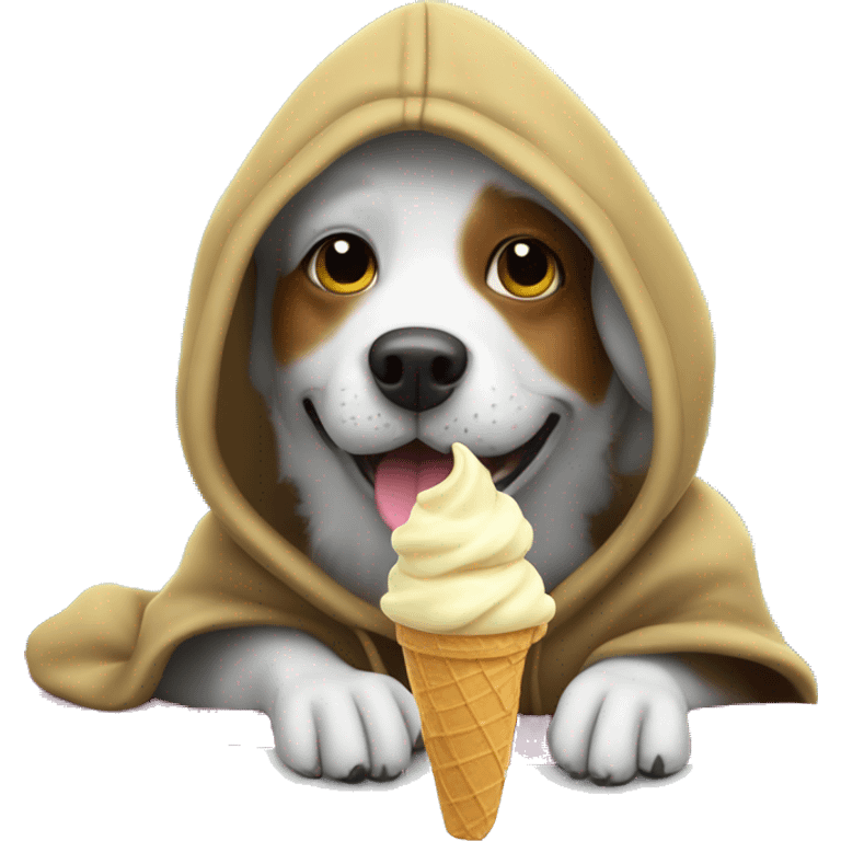 Dog wearing a hoodie with a top hat eating ice cream on a surfboard emoji