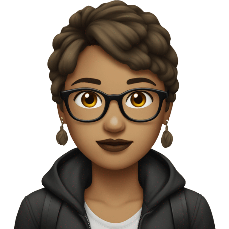 Girl with brown hair, short fringe, black glasses and a septum piercing emoji