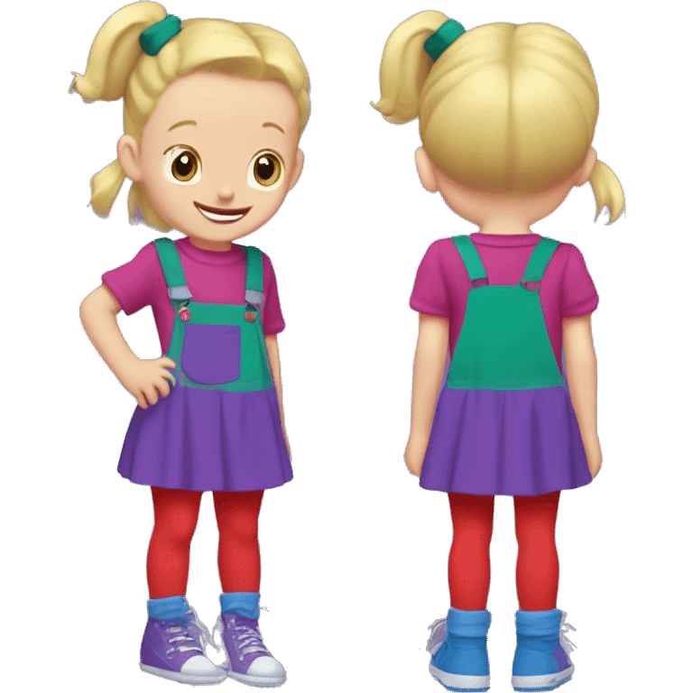 A little blonde girl with pigtails and little purple bows wearing a red long-sleeved shirt and purple overalls skirt with blue tights with green polka dots and purple sneakers, full body, rugrats emoji