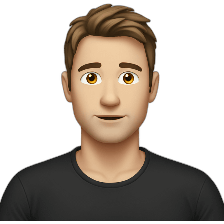 a shaved white man with messy long dark brown hair, with a black t-shirt emoji