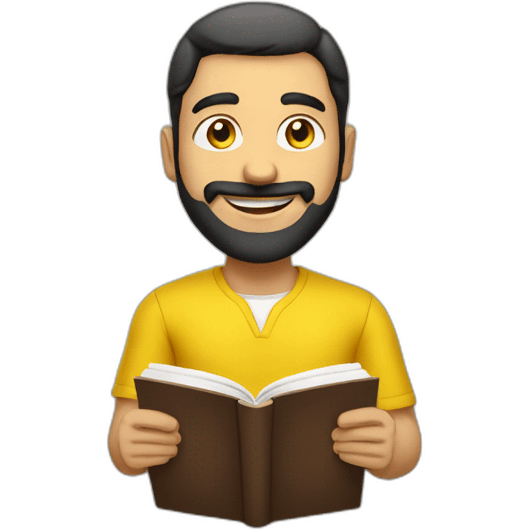 Armenian men with the yellow clothes reading book and looking at camera and smiling  emoji