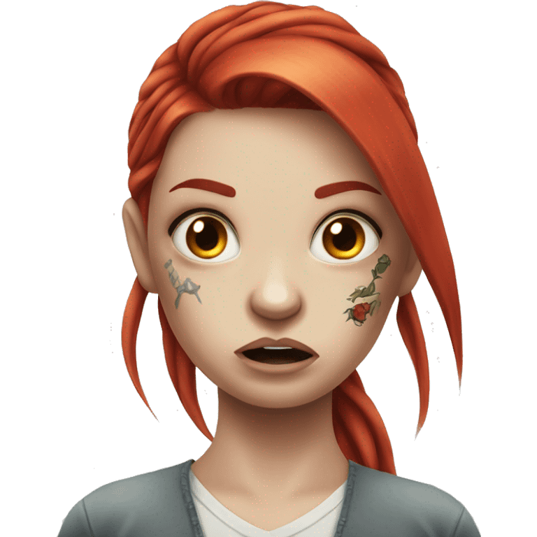 Beautiful angry girl with white skin, long red hair and tattoos emoji