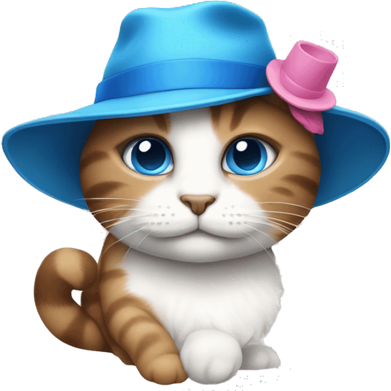 Brown and white cat with blue eyes with a pink hat emoji