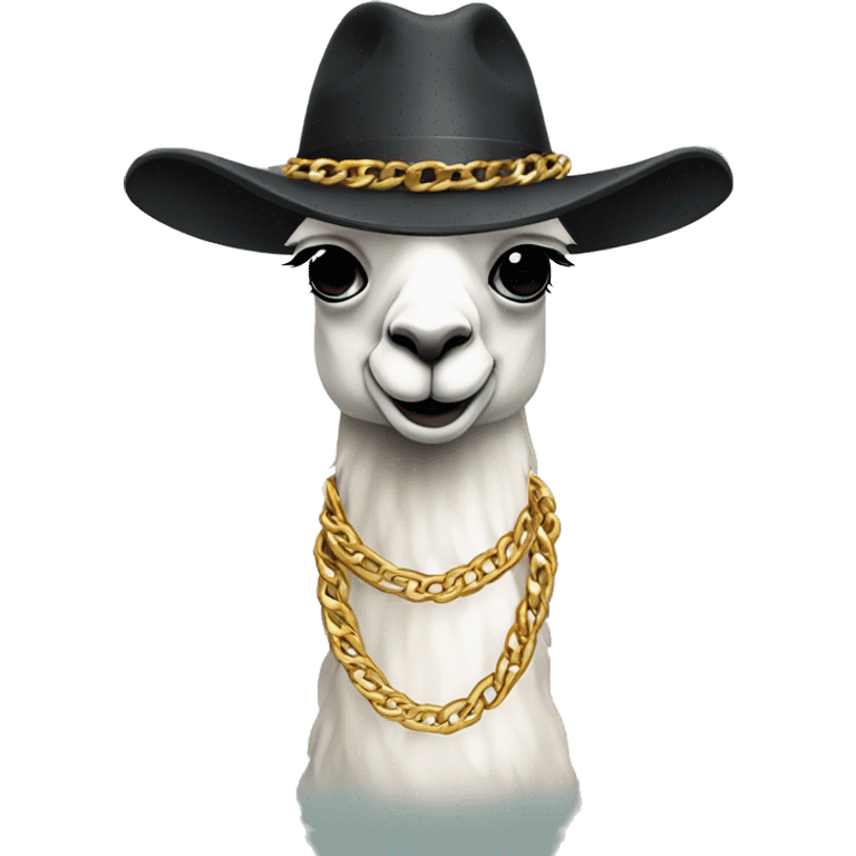 A Llama wearing a fedora and a heavy gold chain lke a gangsta emoji