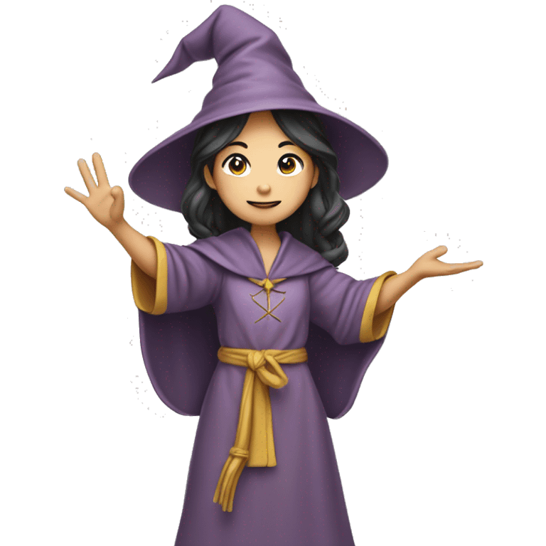 A female young wizard raises her right hand high in the air, asian face  emoji