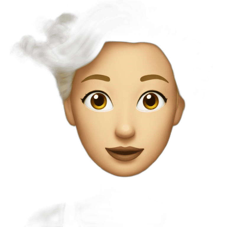 a blond woman with a very high ponytail and a mac behind emoji