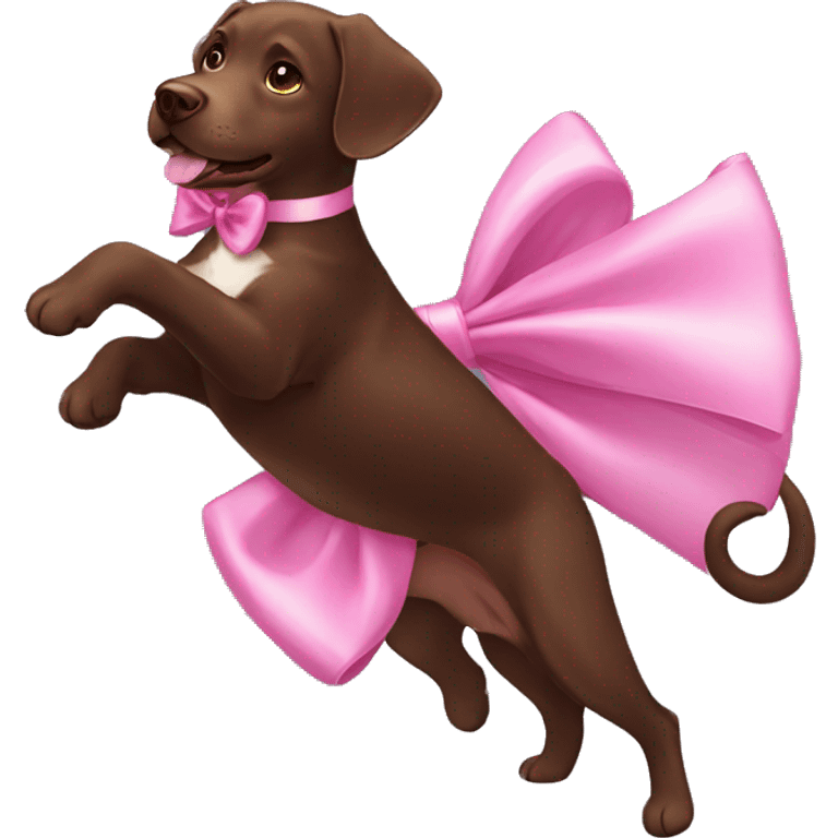 female chocolate lab wearing a pink bow and dancing emoji