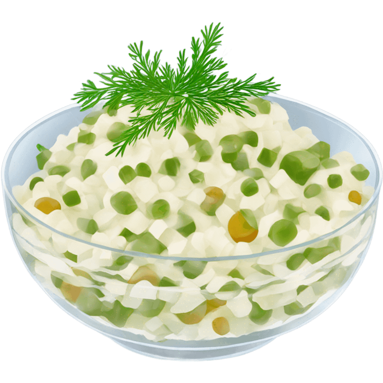 russian salad olivier on a crystal bowl, dill on top of a dish, view from the side  emoji