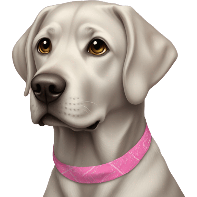 Silver Lab wearing pink bandana with blonde girl emoji