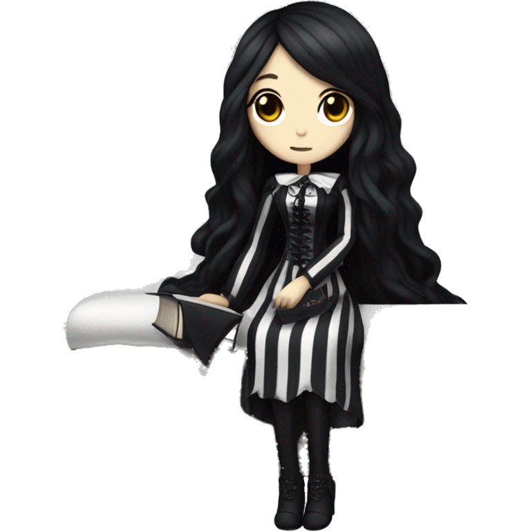 A gothic-style fumo plushie girl with long black hair in a black coffin with a white cushioned interior. She wears a striped black-and-white dress. Nearby is a white desk with dark books and an antique lamp. emoji