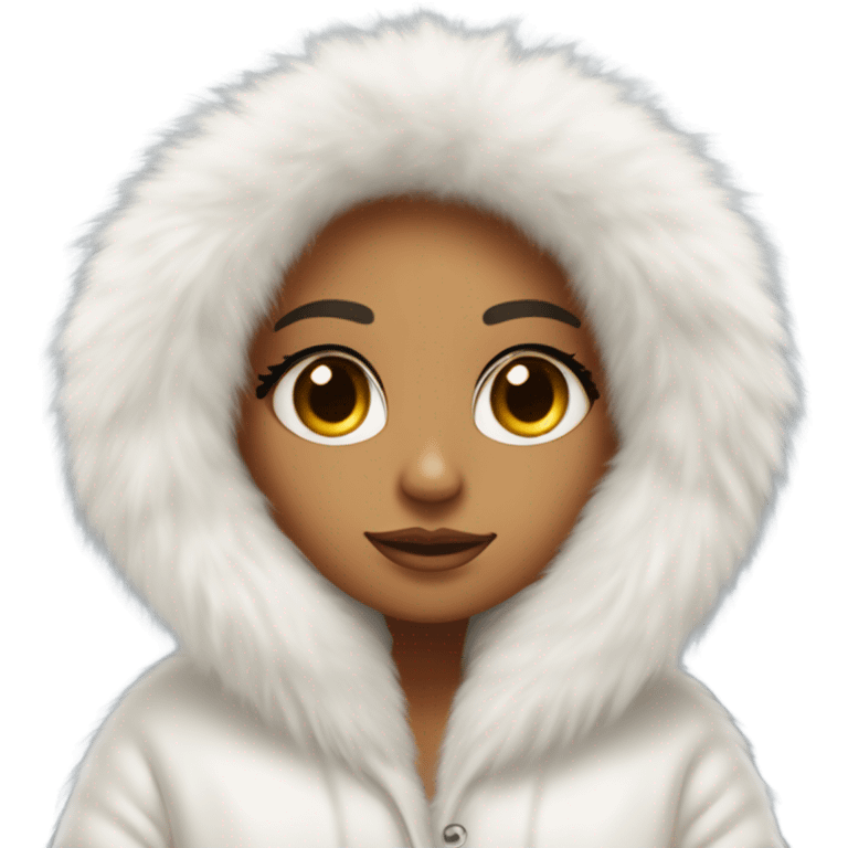 Tanned Girl with lashes ,  in an extremely big fluffy oversized white fur coat with hood on. The fur is real and it’s very obvious big and fluffy like in Pinterest  emoji