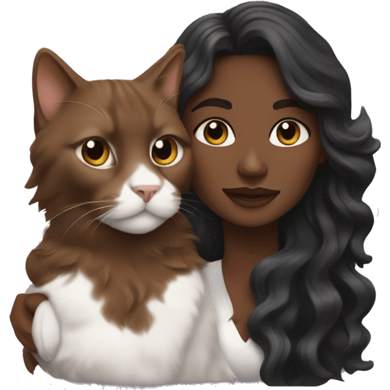 long wavy haired brown skin woman holding black and white cat emoji