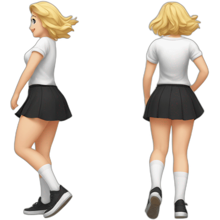 full-body-caucasian-curvy-beauty-jumping-short-black-skirt-back-and-front-views-strong-wind-white-knickers-long-white-socks emoji