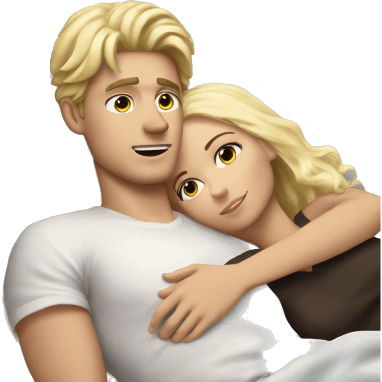 White blond boyfriend Laying in Bad kuddling with brunette grilfriend emoji