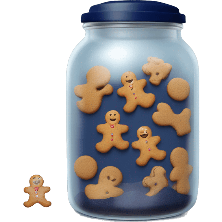 Realistic glass cookie jar with navy blue lid full of gingerbread cookies isolated. emoji