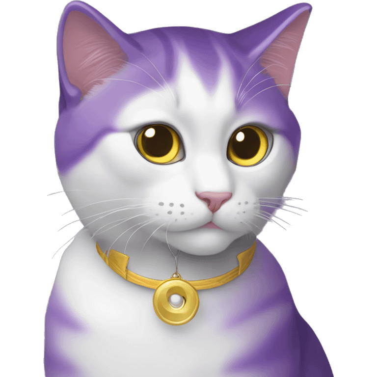 Un gato de color morado, ojos negros y pupilas blancas y un collar con una luna amarilla  emoji