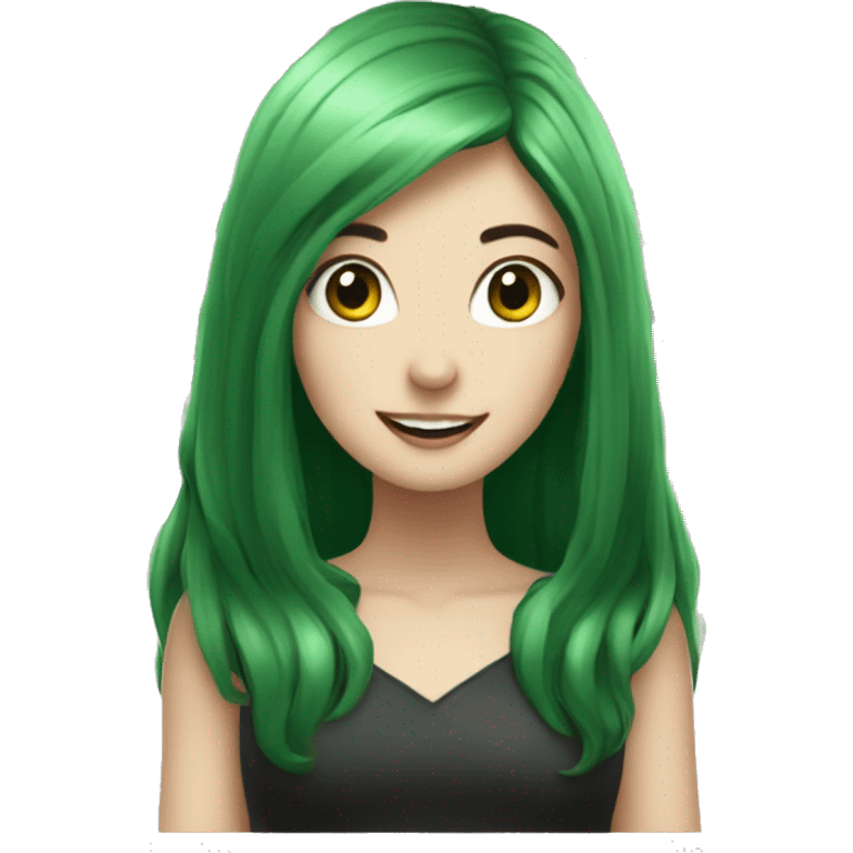 Pale girl with long black hair celebrating and green ayes emoji