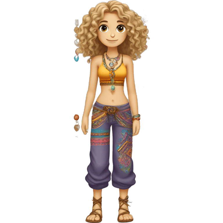 Caucasian hippie girl with curly dirty blonde hair, hazel eyes, baggy colorful pants and a tank top, lots of bohemian bracelets and jewelry emoji