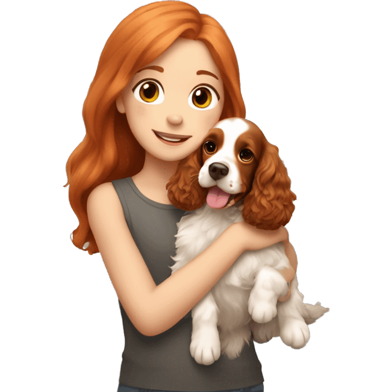 A very cute girl with red hair cuddling a happy light brown happy English Cocker Spaniel. emoji