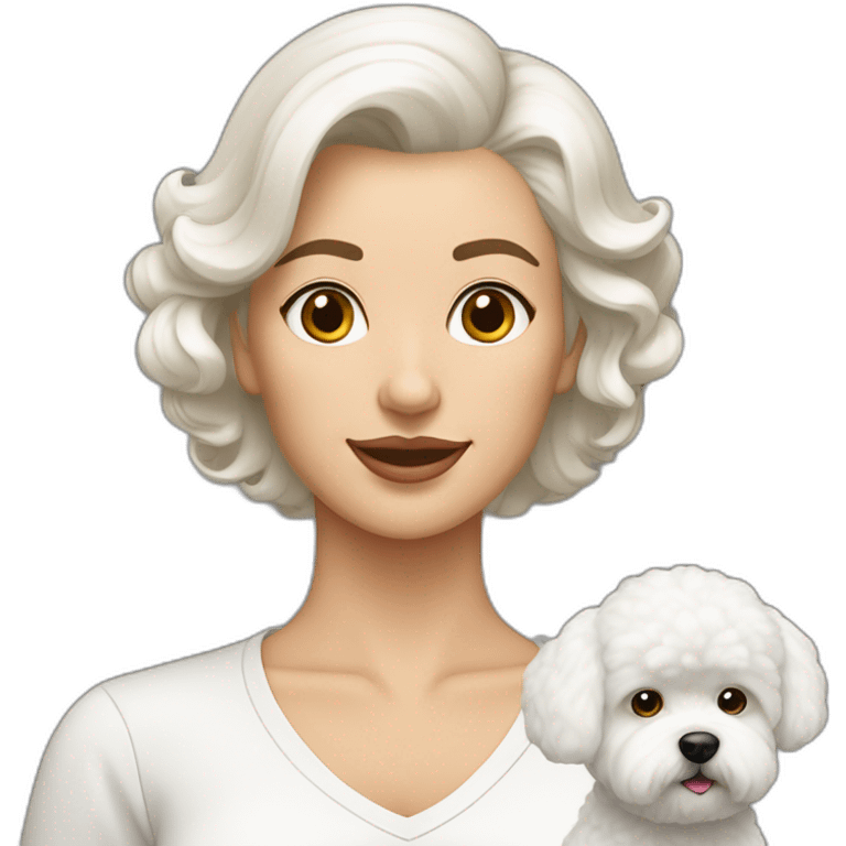 mujer con peinado de moño y perro bichon maltés blanco emoji