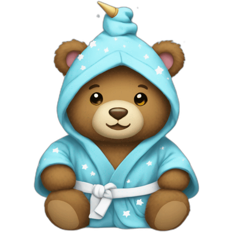 A brown teddy bear wearing a unicorn hooded blue bathrobe with white stars emoji