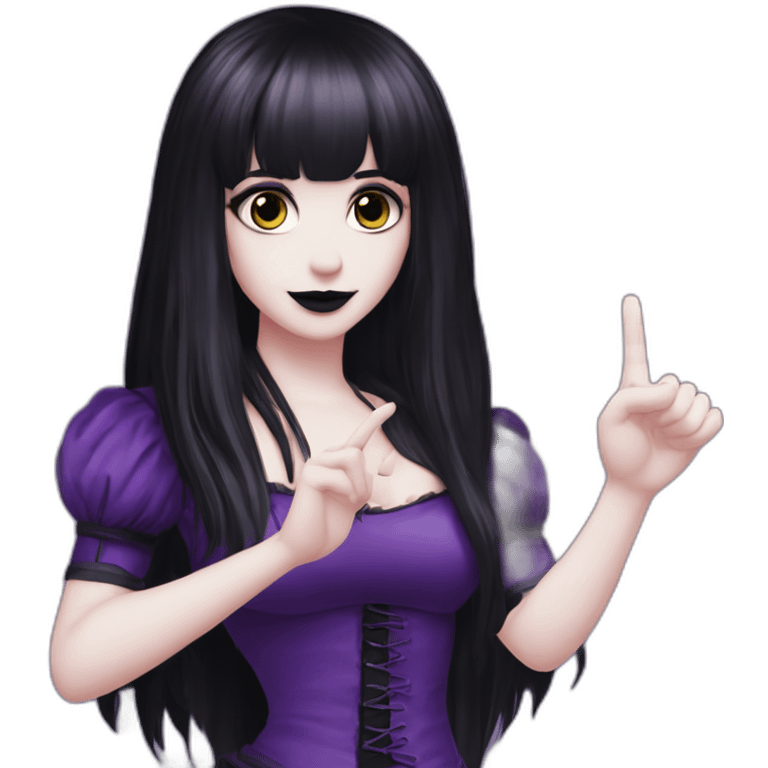 Elissabat -with bangs -long-hair-dark-plumpurple-and-black-vampire-goth-makeup-pinkeyes-romanticgothcloses-do a midele finger emoji