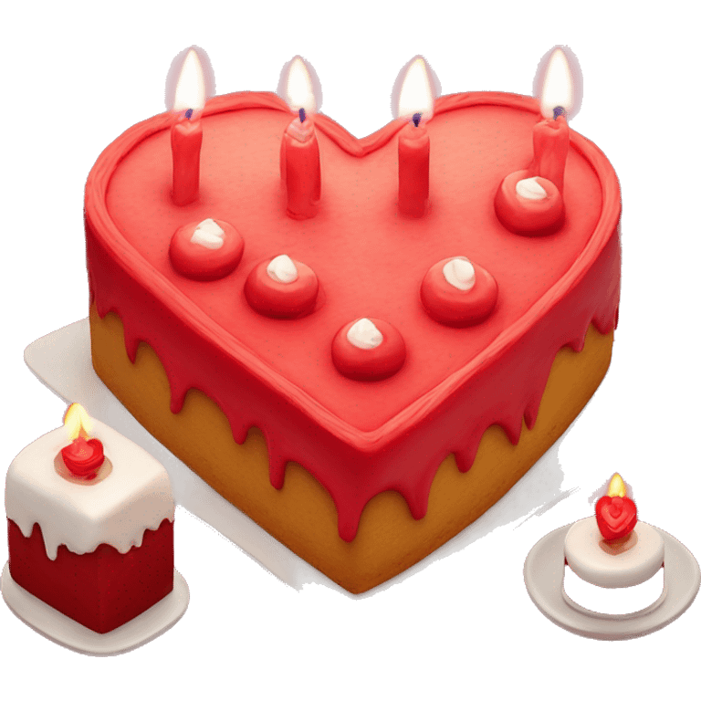 Red primarily colored heart shaped birthday cake, top view, 4 candles, no playe emoji