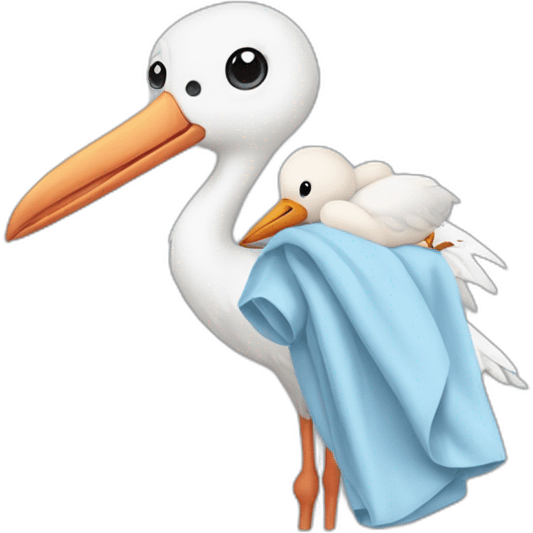  white stork carrying a light blue bundle of cloth in its beak that has a human baby with dark hair and the baby face is peeking out from the cloths bundle the strok is carrying with its beak emoji