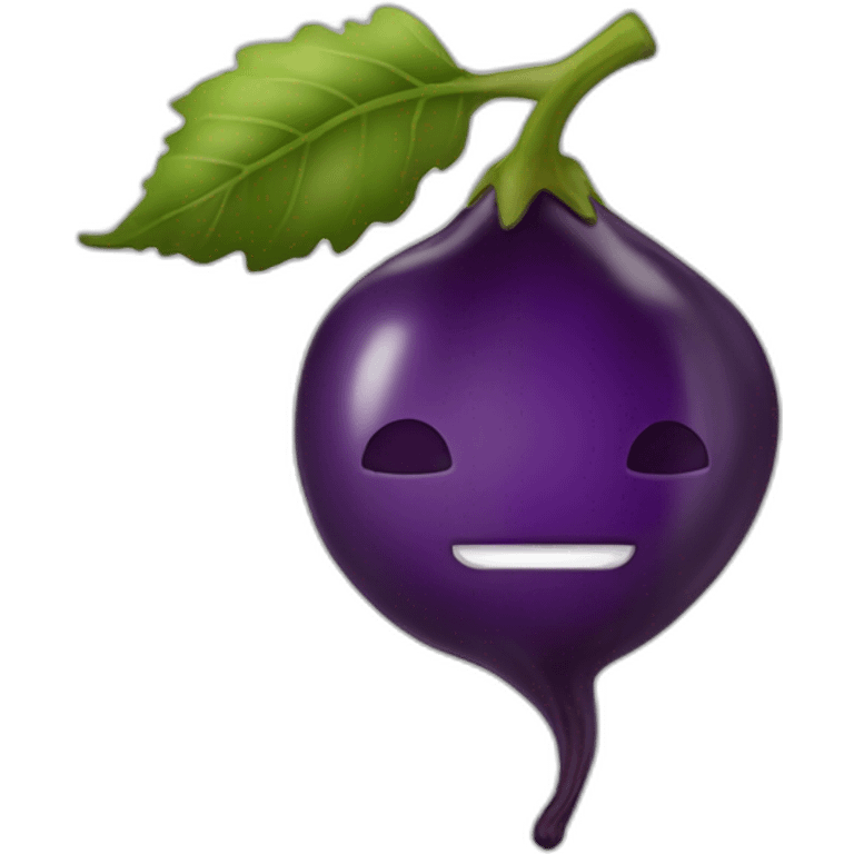 Une aubergine avec une tête d'homme dans une pêche avec emoji