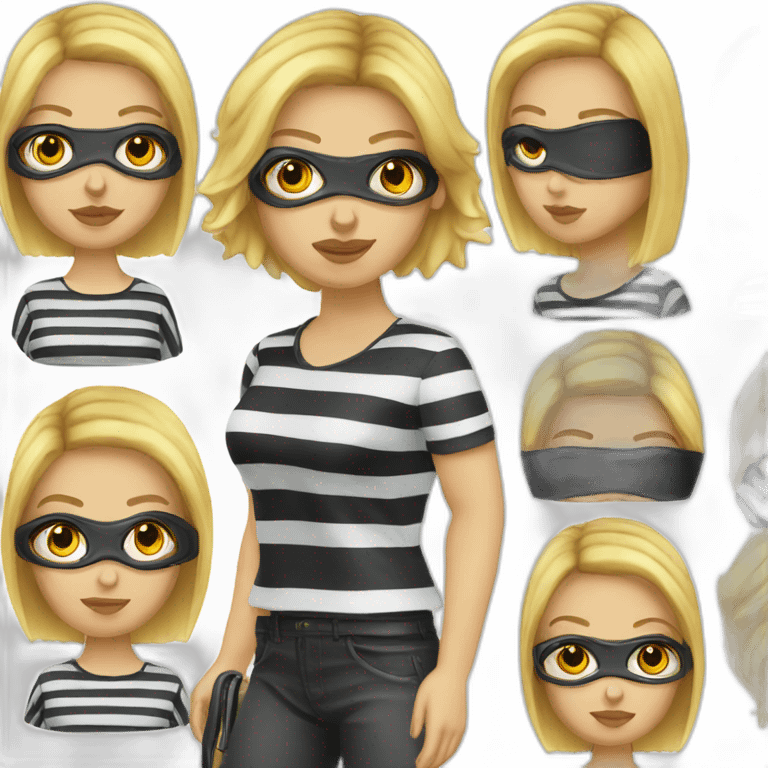 bank robber blonde woman with black eye mask and striped tshirt emoji