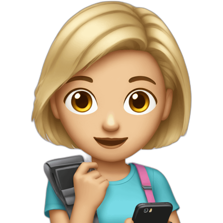 strigth short hair withe skin teenager girl playing with a cellphone emoji