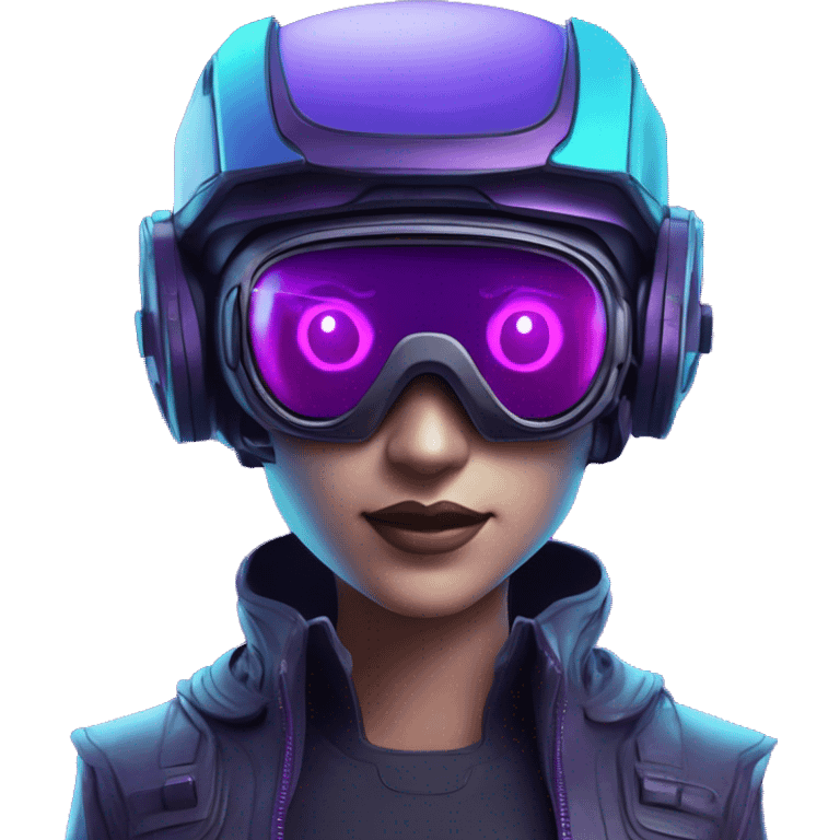 Secret human agent in a futuristic hat with in Apple VR goggles headset code display on the goggles , cyberpunk, cyan and purple colors, only upper body portrait, front facing the camera  emoji