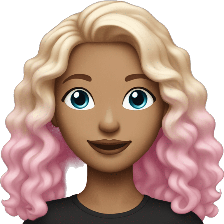 White-skinned adult woman, smiling, glitter pink makeup on her face, blue eyes, long brown-to-blonde ombre wavy hair, ring earrings, black T-shirt. emoji