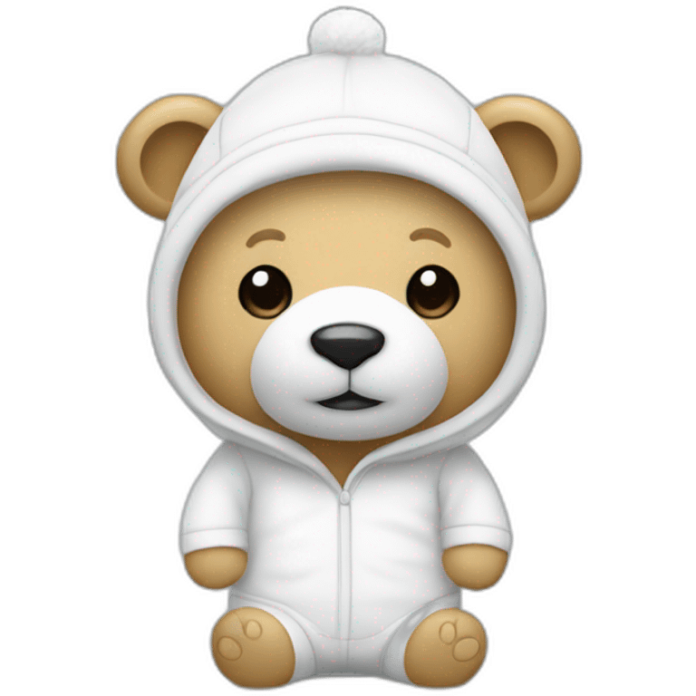 Un oso blanco de pie con un pijama blanco muy delgado y con un gorro emoji