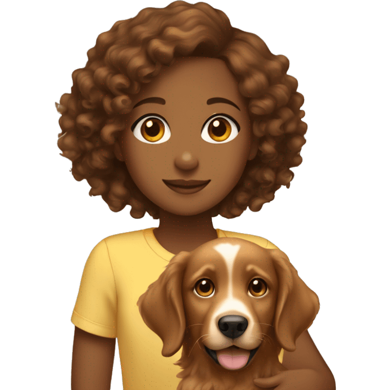 Brown girl with brown curly hair with a golden retriever puppy emoji