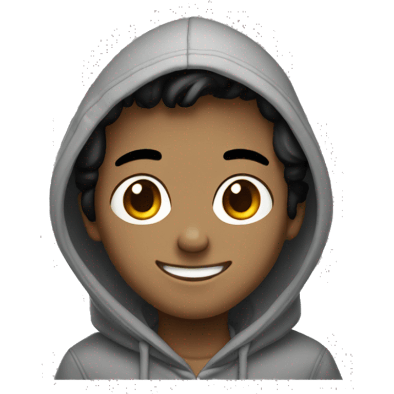 smiling boy in grey hoodie with black hair and back ayes emoji