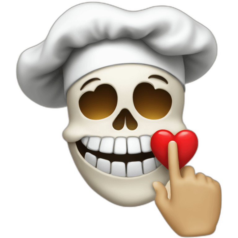 skull with chef hat making kissy face with heart and ok finger sign emoji