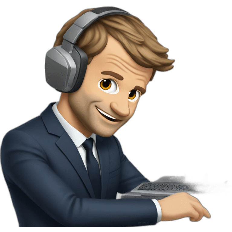 Emmanuel Macron qui joue aux jeux vidéo avec un pc gameret un casque emoji