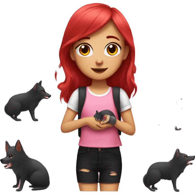 girl with black wolfcut, and red hair under holding a hamster. make the theme cute and pink emoji