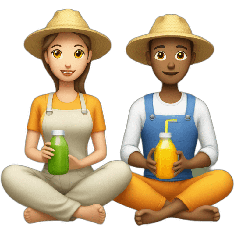 male and female farmer meditating with juice bottle emoji