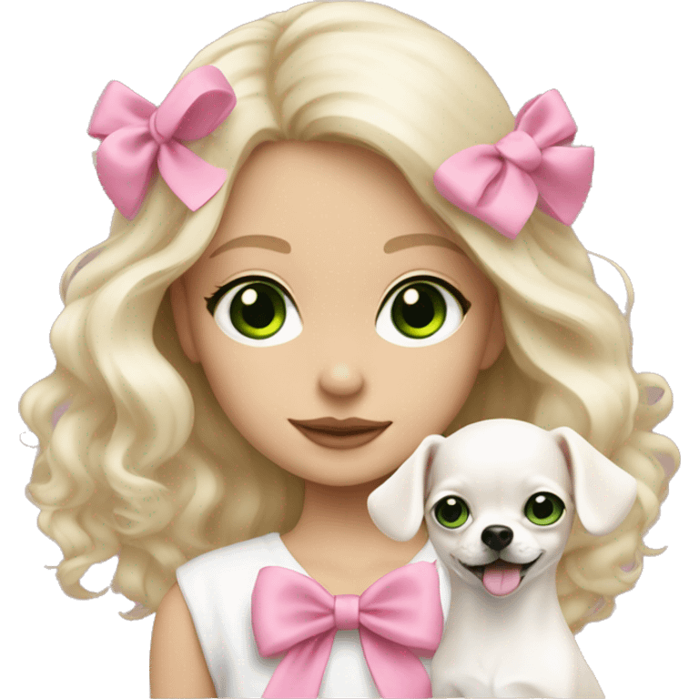 pale blond girl with wavy long platinum hair with green eyes holding a white chihuahua puppy that wearing a pink bow emoji